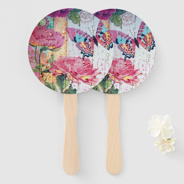 Beautiful Butterfly and Flowers Hand Fan (Front and Back)