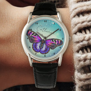 Beautiful Butterfly Blue Sky Stars Custom Name Watch