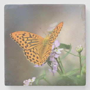 Beautiful Butterfly on a Purple Flower Stone Coaster