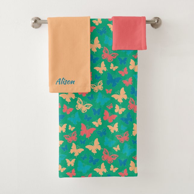 Beautiful butterfly pattern beige turquoise pink bath towel set (Insitu)