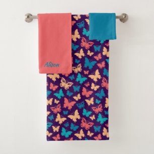 Beautiful butterfly pattern coral turquoise purple bath towel set