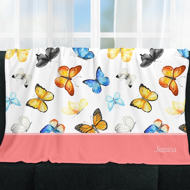 Beautiful Butterfly Pattern with Name Pink Fleece Blanket (Creator Uploaded)