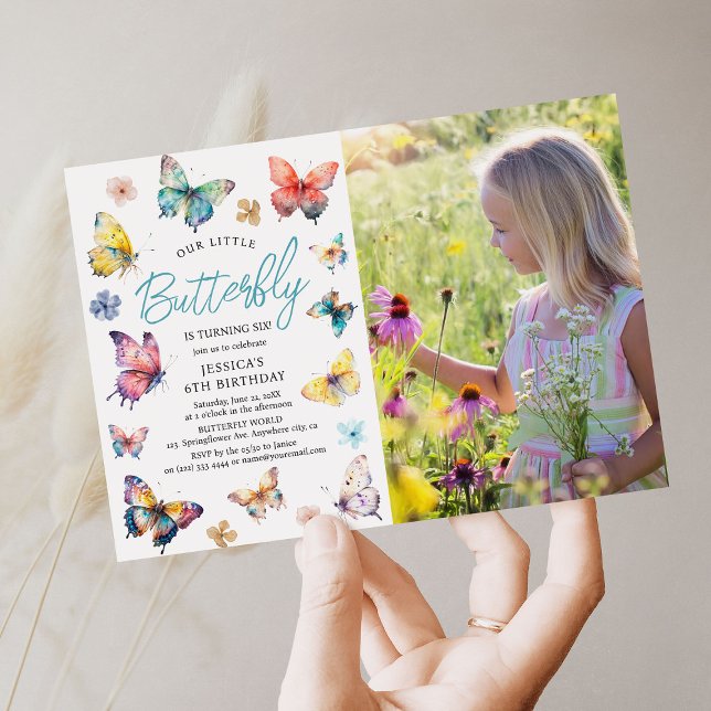 Beautiful Butterfly Watercolor Girl Photo Birthday Invitation (Creator Uploaded)