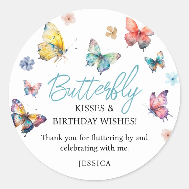 Beautiful Butterfly Watercolor Girl's Birthday Classic Round Sticker (Front)