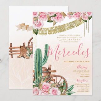 Beautiful Cactus Rose Western Charro Quinceanera Invitation