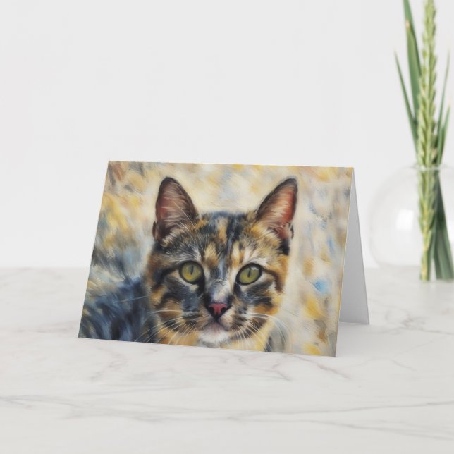 Beautiful Calico Cat Watercolor Art Note Card (Front)