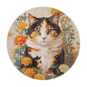 Beautiful Calico Cat With Marigold Flowers Cutting Board