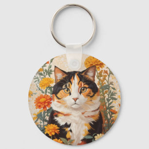 Beautiful Calico Cat With Marigold Flowers Key Ring