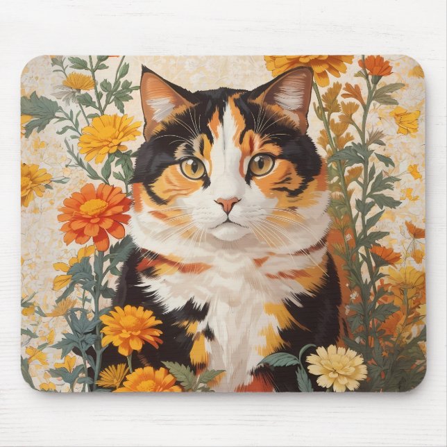 Beautiful Calico Cat With Marigold Flowers Mouse Pad (Front)