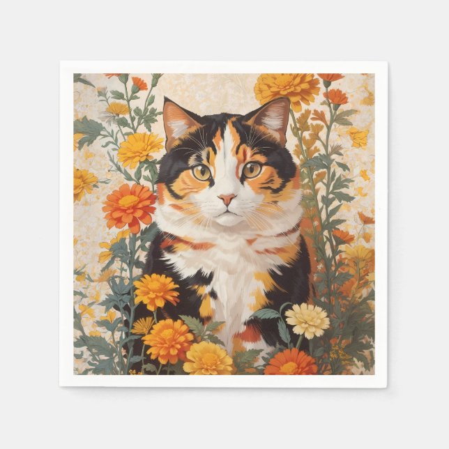 Beautiful Calico Cat With Marigold Flowers Napkin (Front)