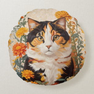 Beautiful Calico Cat With Marigold Flowers Round Cushion