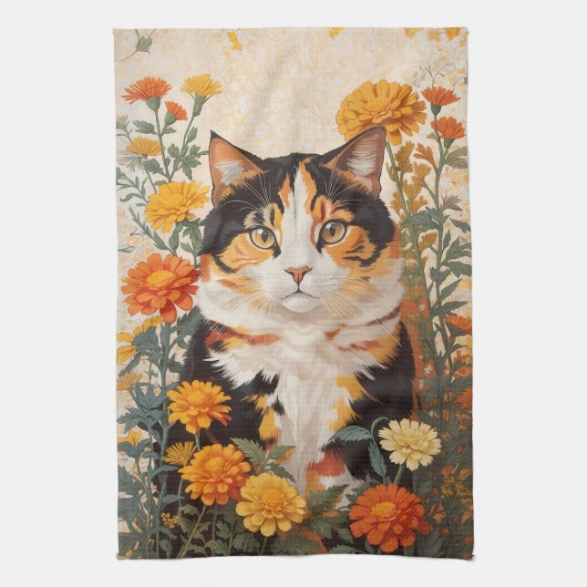 Beautiful Calico Cat With Marigold Flowers Tea Towel (Vertical)