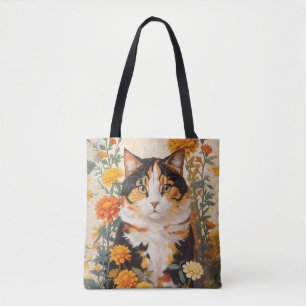 Beautiful Calico Cat With Marigold Flowers Tote Bag