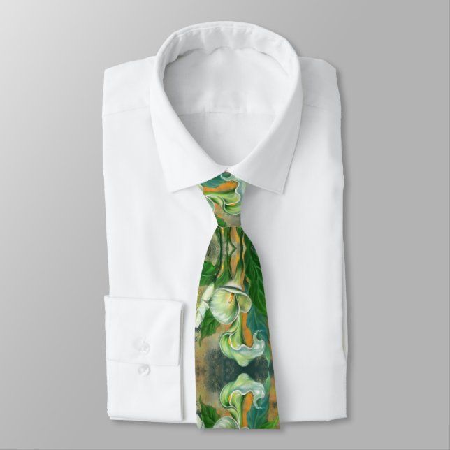 Beautiful Calla Lily Flower - Migned Drawing Tie (Tied)