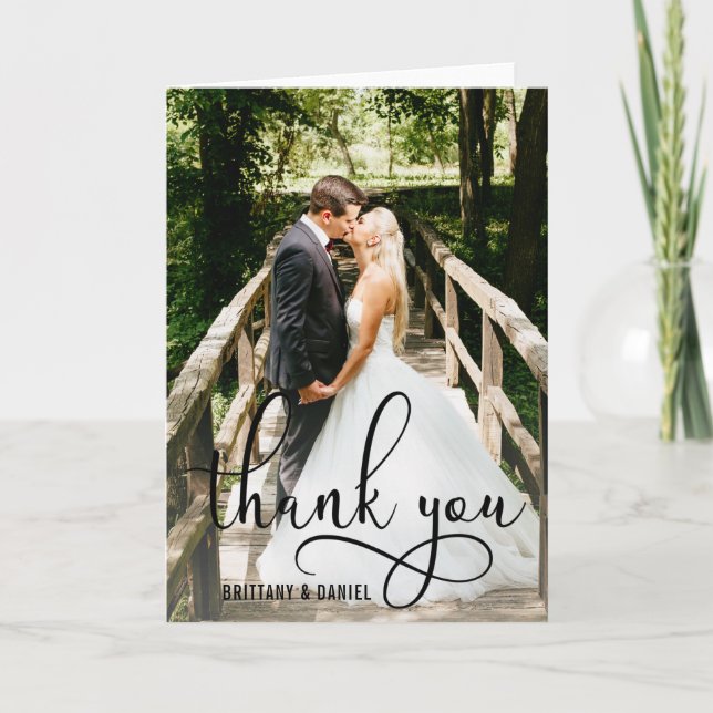 Beautiful Calligraphy Script Photo Wedding Fold Thank You Card (Front)