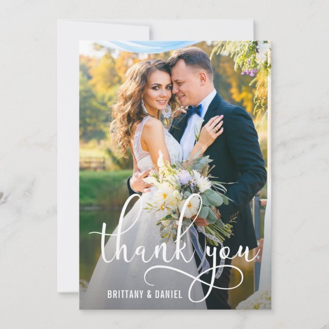 Beautiful Calligraphy Script Wedding Photo Thank You Card (Front)