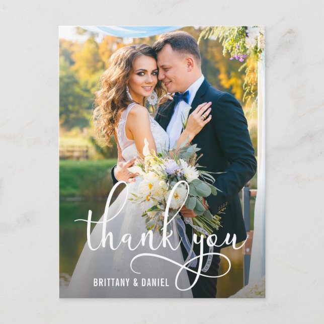 Beautiful Calligraphy Script Wedding Thank You Postcard (Front)