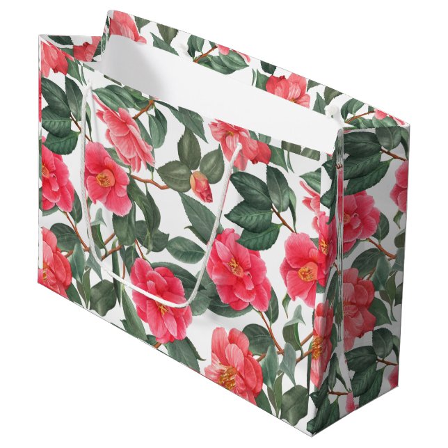 Beautiful Camellia Flowers and Leaves Pattern Large Gift Bag (Front Angled)