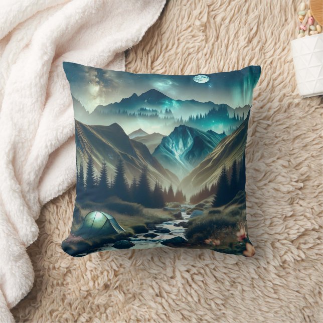 Beautiful Camping Scene with Mountains and Tent Cushion (Blanket)
