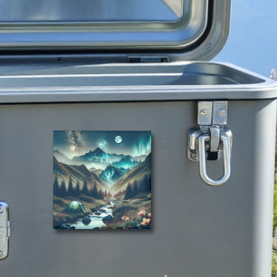 Beautiful Camping Scene with Mountains and Tent Magnet