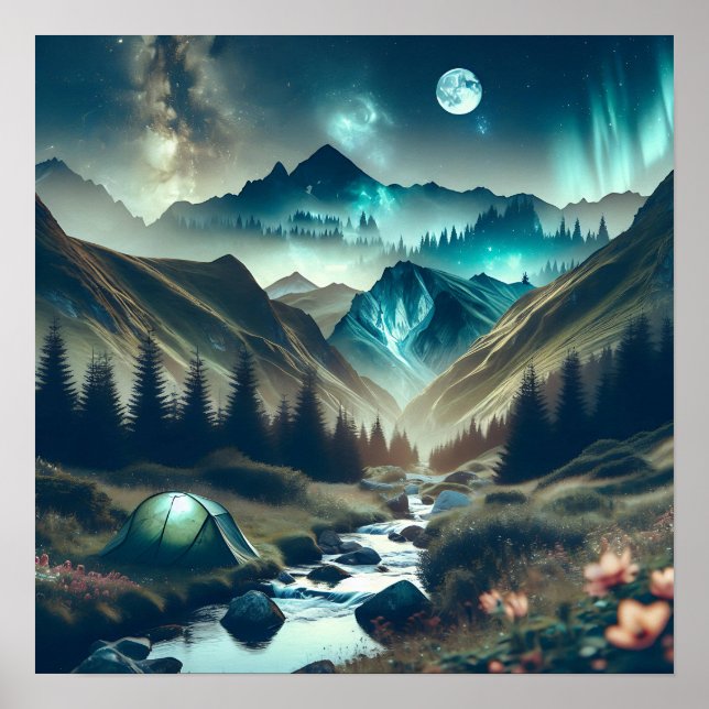 Beautiful Camping Scene with Mountains and Tent Poster (Front)
