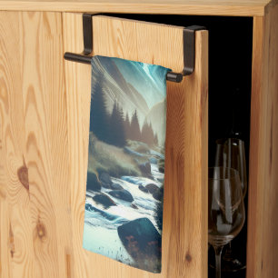 Beautiful Camping Scene with Mountains and Tent Tea Towel