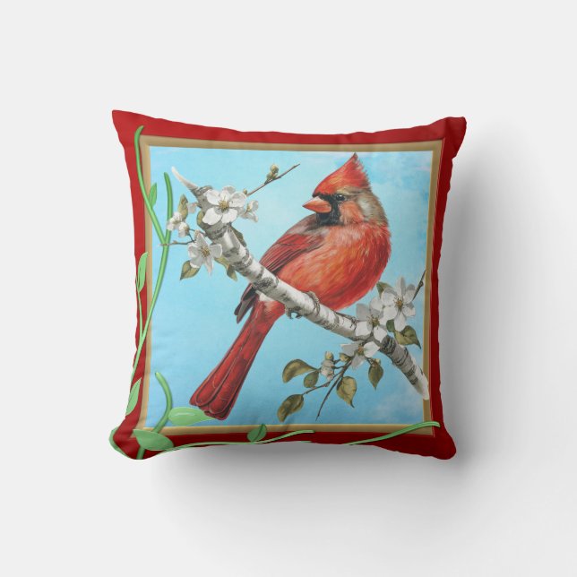 Beautiful Cardinal Bird on a Branch Cushion (Front)