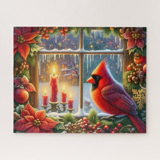 Beautiful Cardinal Christmas Window Jigsaw Puzzle (Horizontal)