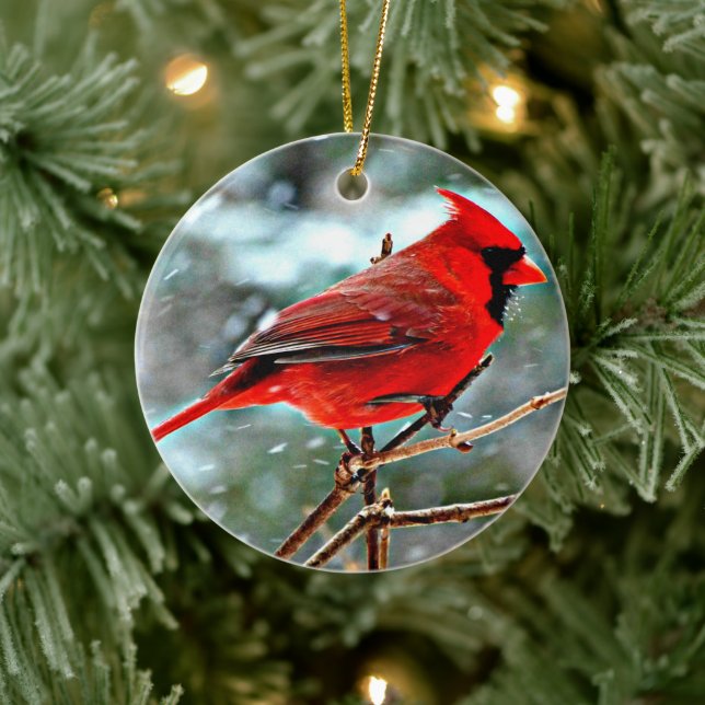 Beautiful Cardinal in Snowy Tree Christmas Ceramic Tree Decoration (Tree)