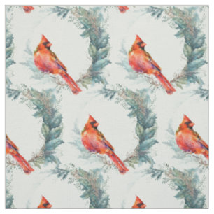 Beautiful Cardinal Red Bird in Holly Wreath Fabric