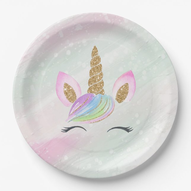Beautiful Cartoon Unicorn W/ Rainbow  Paper Plate (Front)