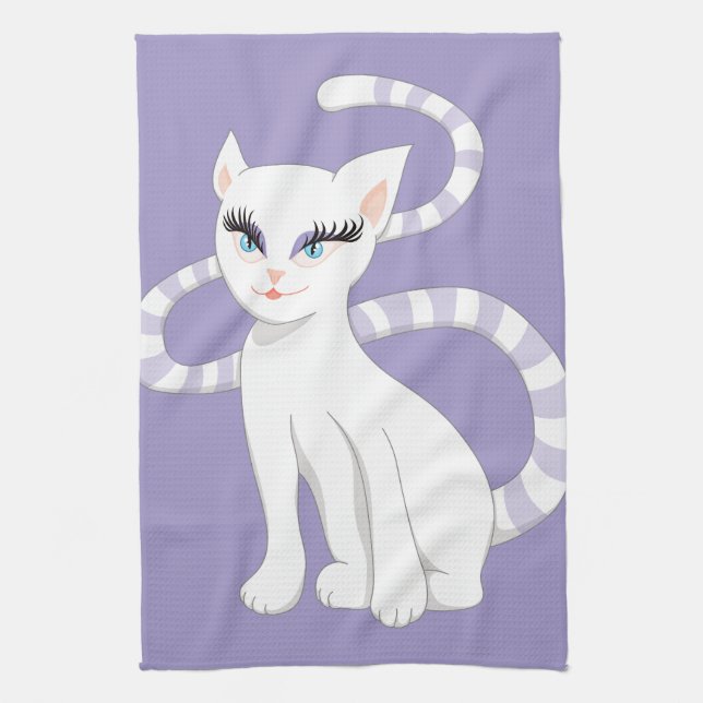 Beautiful Cartoon White Cat Tea Towel (Vertical)
