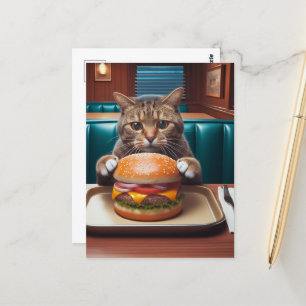 Beautiful Cat at a Diner With a Cheeseburger Postcard