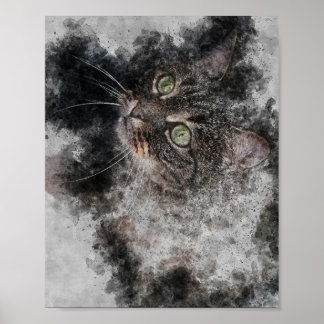 beautiful cat big green eyes watercolor painting poster