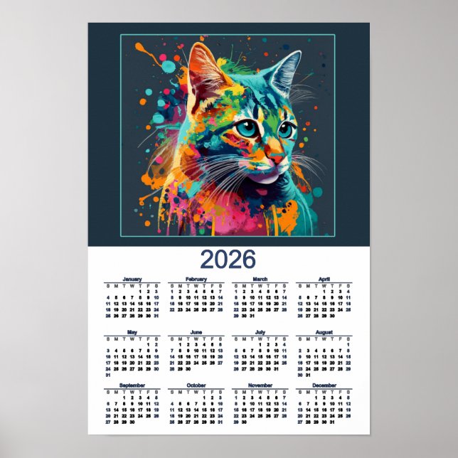 Beautiful Cat Calendar Watercolor Cat Poster (Front)