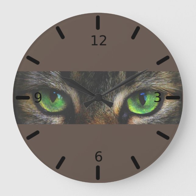Beautiful cat eyes on coffee brown large clock (Front)