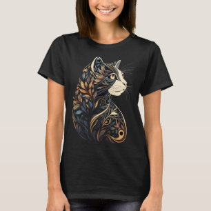 Beautiful Cat Floral Pattern Blue and Beige Tan Bl T-Shirt