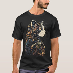Beautiful Cat Floral Pattern Blue and Beige Tan Bl T-Shirt
