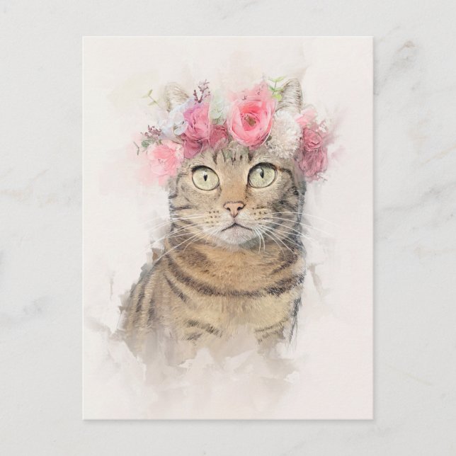 Beautiful Cat Flower Crown Portrait Postcard (Front)
