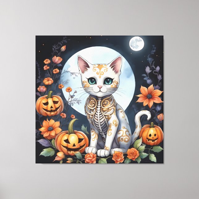 Beautiful Cat Halloween Floral Moon - Whimsical  Canvas Print (Front)
