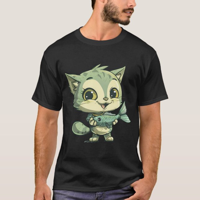 beautiful Cat Holding Fish T-Shirt (Front)