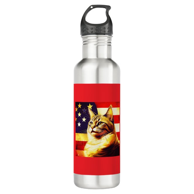 Beautiful Cat With American Flag Background 710 Ml Water Bottle (Front)