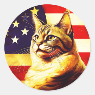 Beautiful Cat With American Flag Background Classic Round Sticker