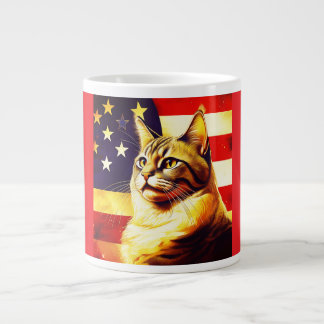 Beautiful Cat With American Flag Background Large Coffee Mug