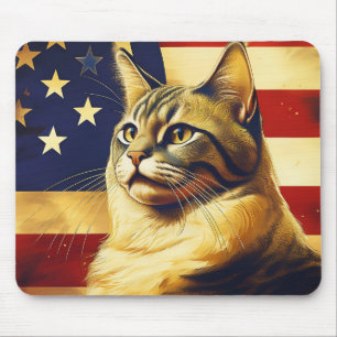 Beautiful Cat With American Flag Background Mouse Pad