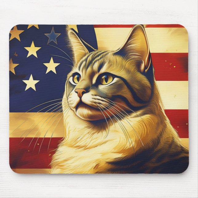 Beautiful Cat With American Flag Background Mouse Pad (Front)