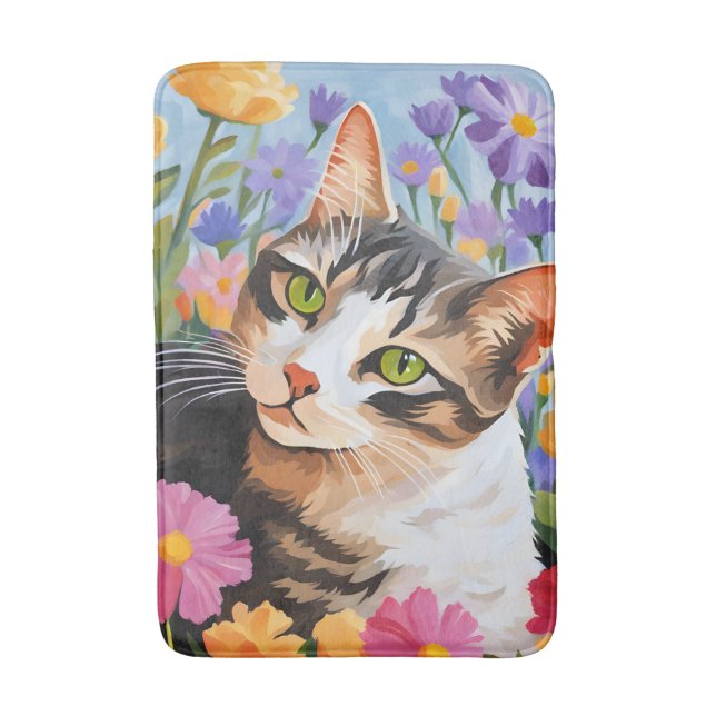 Beautiful cat with flowers bath mat (Front Vertical)