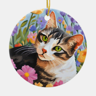 Beautiful cat with flowers ceramic tree decoration