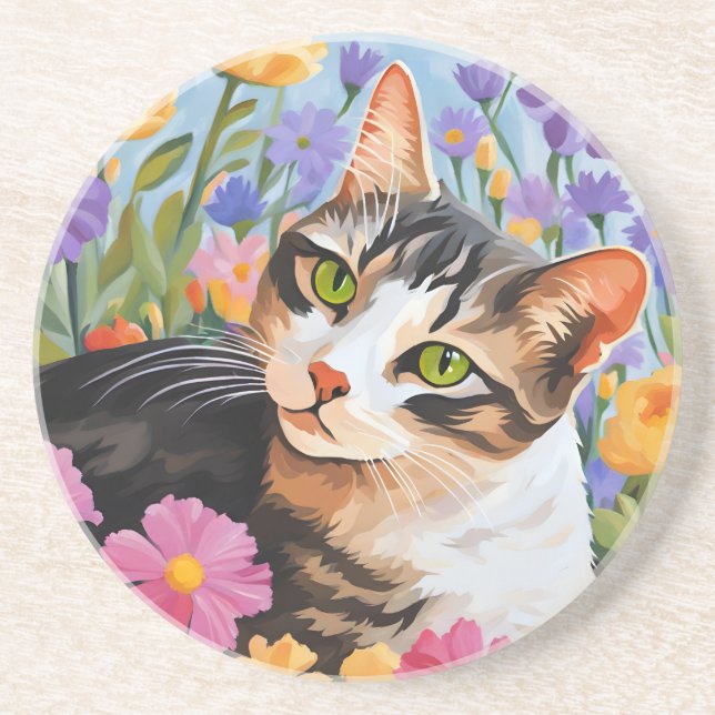 Beautiful cat with flowers coaster (Front)