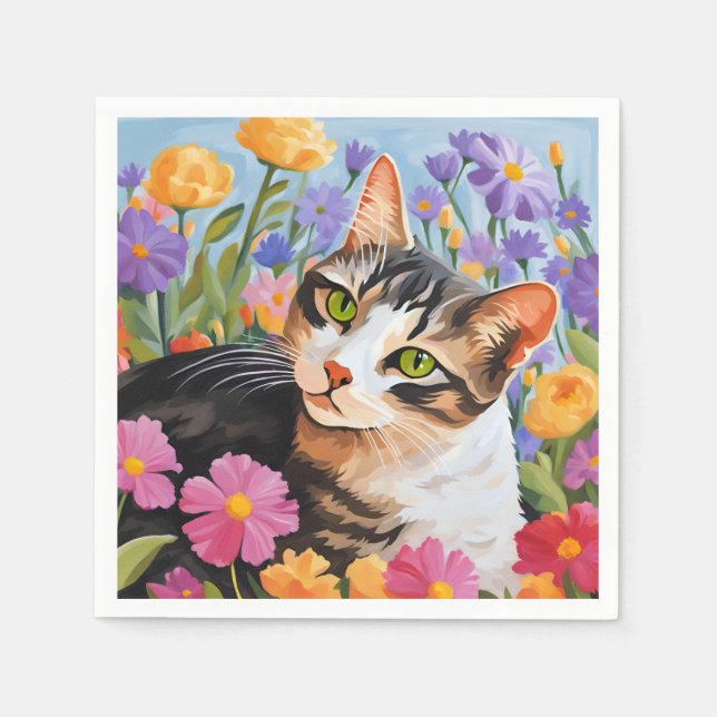 Beautiful cat with flowers napkin (Front)